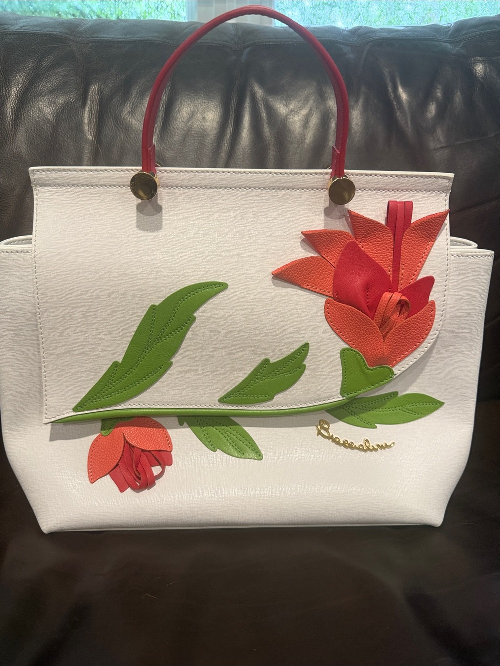 White Floral Appliqué Tote with Red Handles
